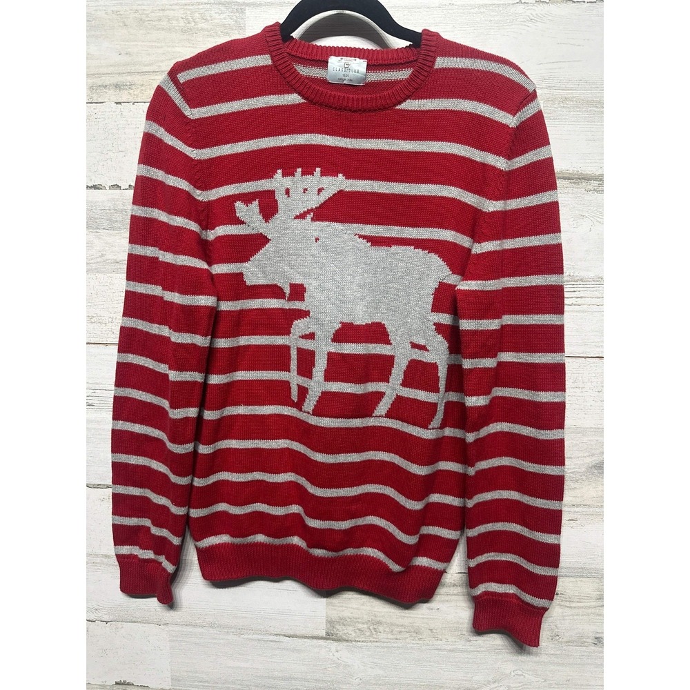 Class Club Sweater Boys 18-20 Red Striped Moose Elbow Patches EUC
